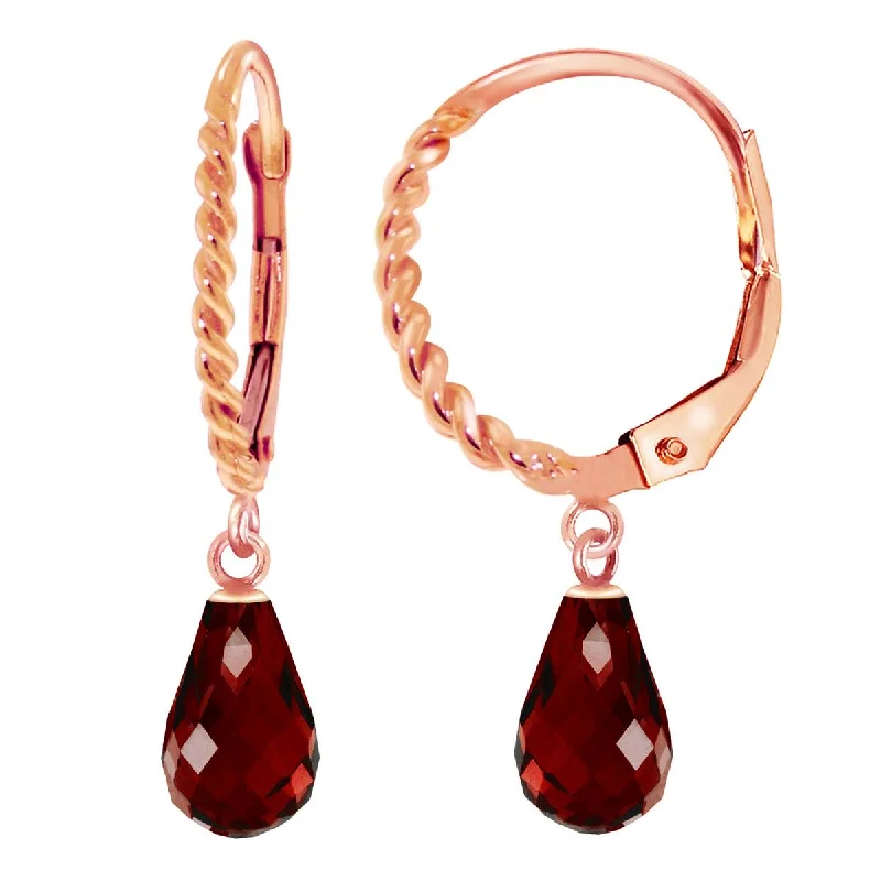 14K Solid Rose Gold Leverback Earrings Briolette Garnet Class