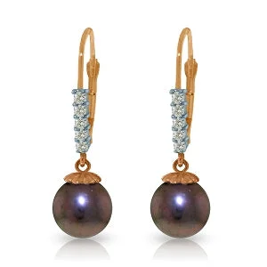 14K Solid Rose Gold Leverback Earrings Diamond & Black Pearl Gemstone