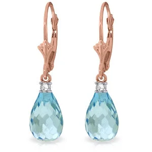 14K Solid Rose Gold Leverback Earrings Diamond & Blue Topaz Jewelry