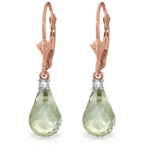 14K Solid Rose Gold Leverback Earrings Diamond & Green Amethyst Jewelry