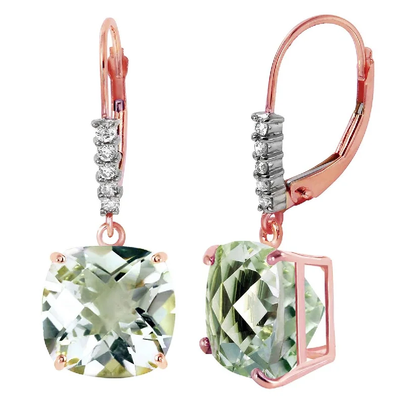 14K Solid Rose Gold Leverback Earrings Diamond & Green Amethyst