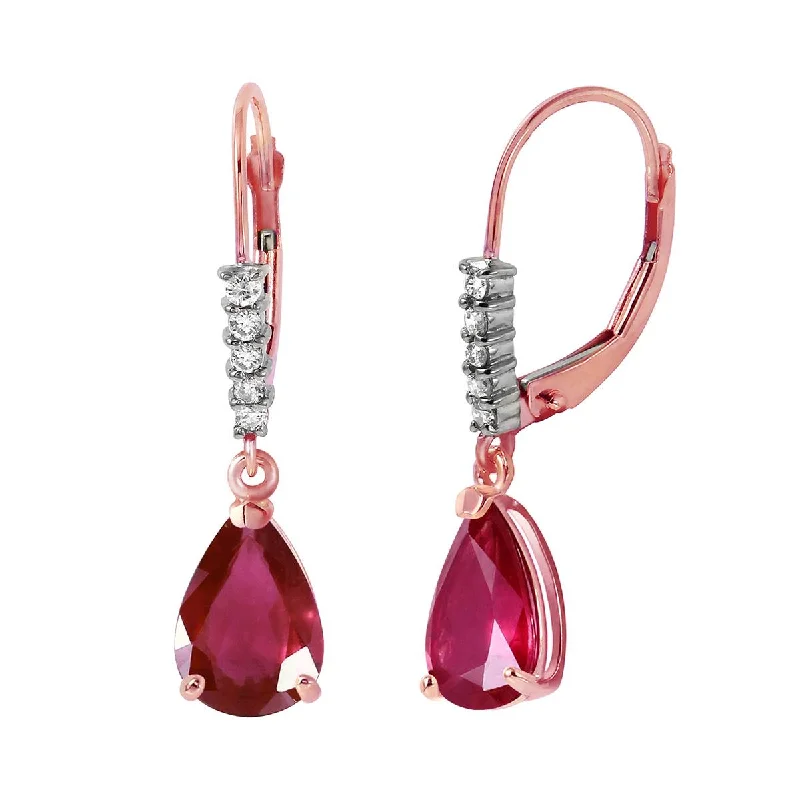 14K Solid Rose Gold Leverback Earrings Diamond & Ruby Jewelry Genuine Deluxe