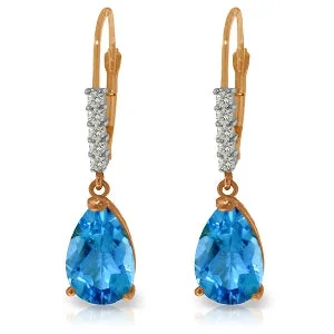 14K Solid Rose Gold Leverback Earrings Natural Diamond & Blue Topaz Certified