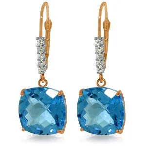 14K Solid Rose Gold Leverback Earrings Natural Diamond & Blue Topaz Jewelry