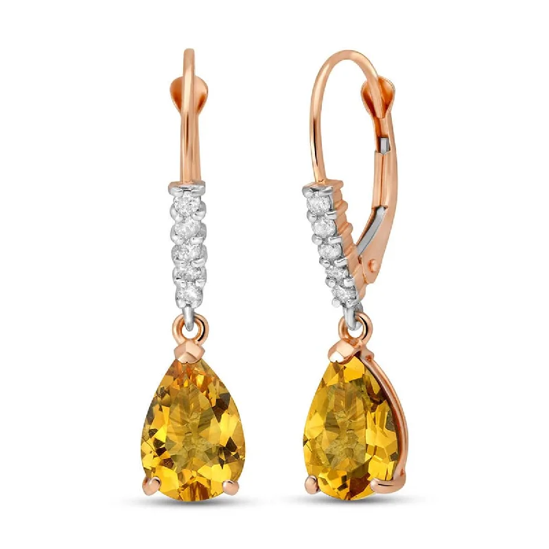 14K Solid Rose Gold Leverback Earrings Natural Diamond & Citrine Jewelry