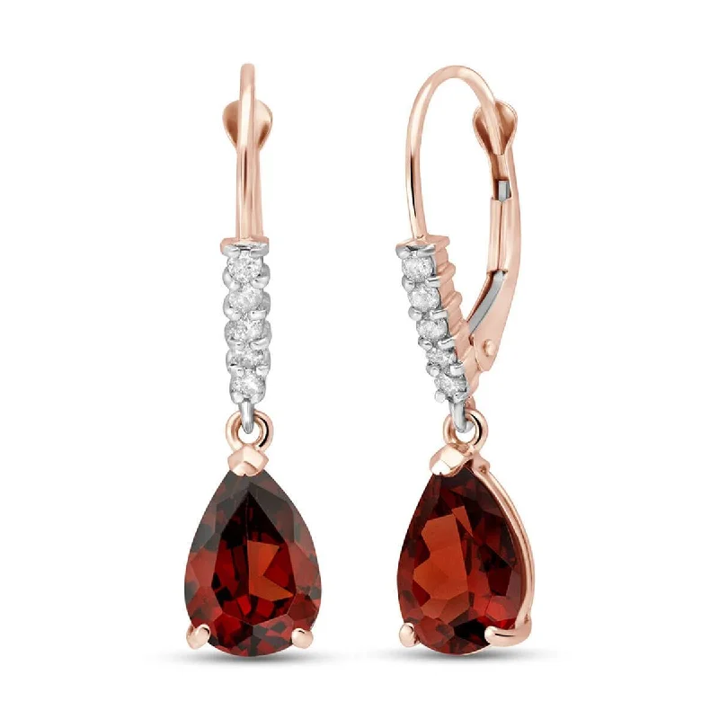 14K Solid Rose Gold Leverback Earrings Natural Diamond & Garnet