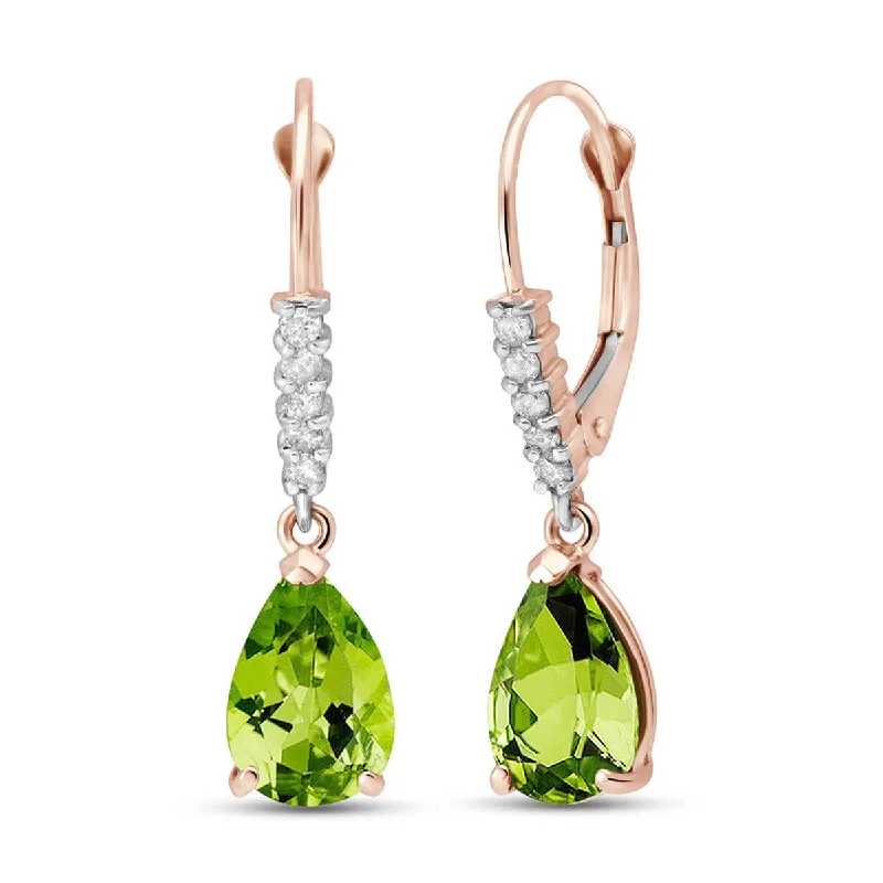 14K Solid Rose Gold Leverback Earrings Natural Diamond & Peridot Class