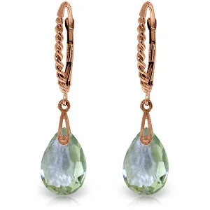 14K Solid Rose Gold Leverback Earrings w/ Briolette Green Amethyst