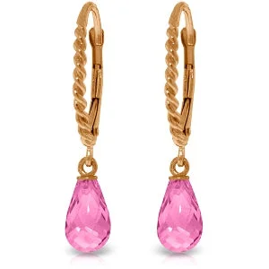 14K Solid Rose Gold Leverback Earrings w/ Briolette Pink Topaz