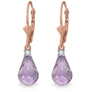 14K Solid Rose Gold Leverback Earrings w/ Diamonds & Amethyst