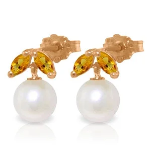 14K Solid Rose Gold Stud Earrings w/ Pearls & Citrines