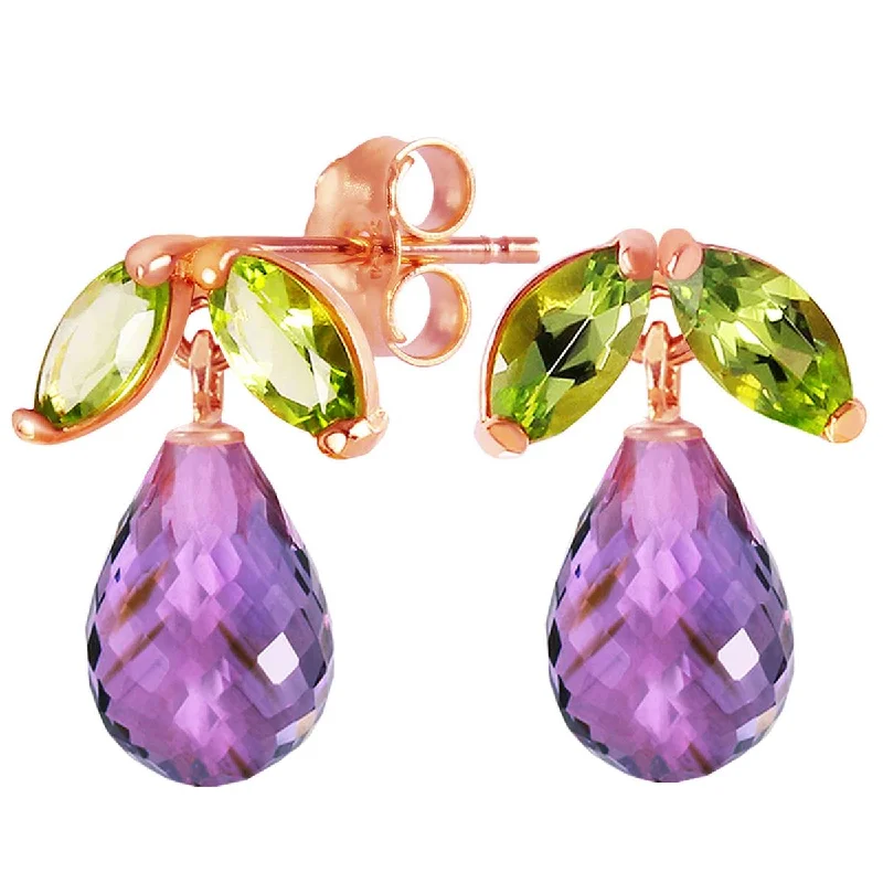 14K Solid Rose Gold Stud Earrings w/ Peridots & Amethysts