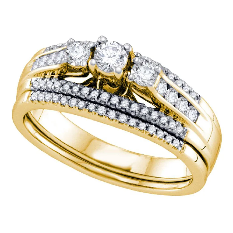 14k Yellow Gold Round 3-stone Diamond Wedding Bridal Engagement Ring Band Set 1/2 Cttw