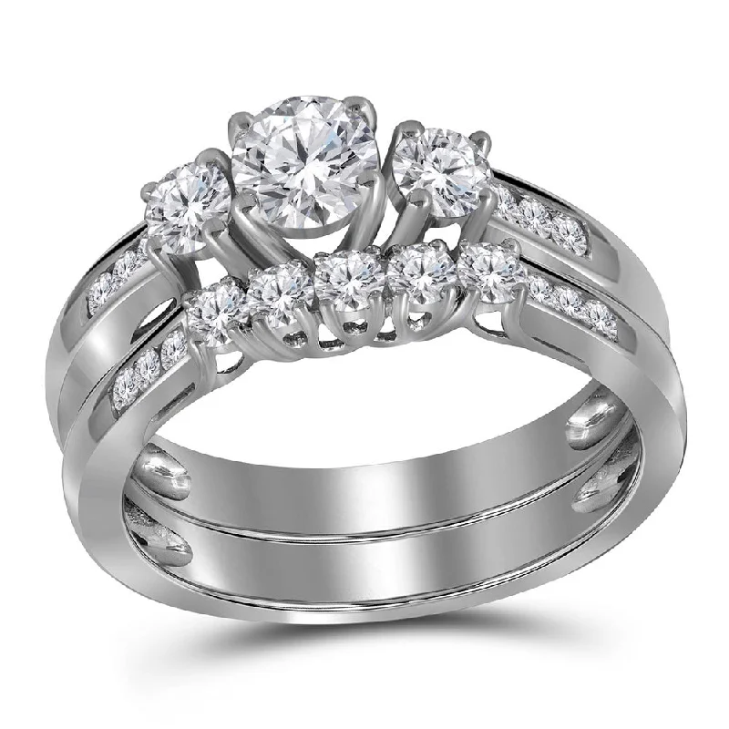 14kt White Gold Round Diamond 3-Stone Bridal Wedding Ring Band Set 1 Cttw