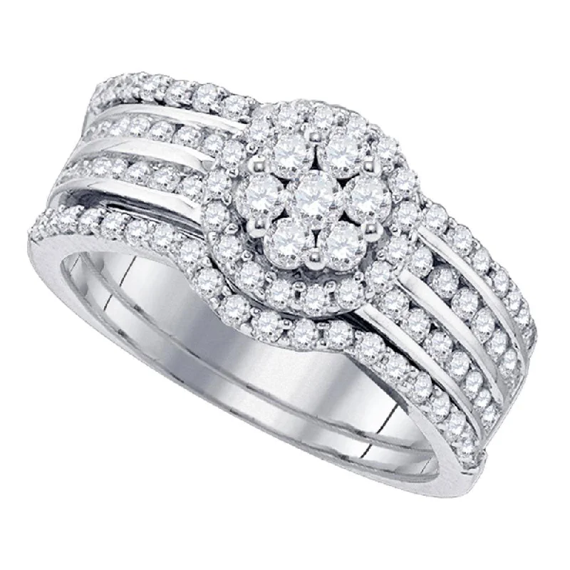 14kt White Gold Round Diamond Cluster Bridal Wedding Ring Band Set 1 Cttw