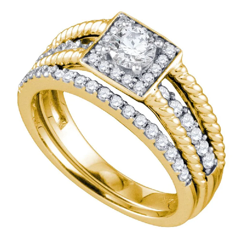 14kt Yellow Gold Round Diamond Halo Bridal Wedding Ring Band Set 7/8 Cttw