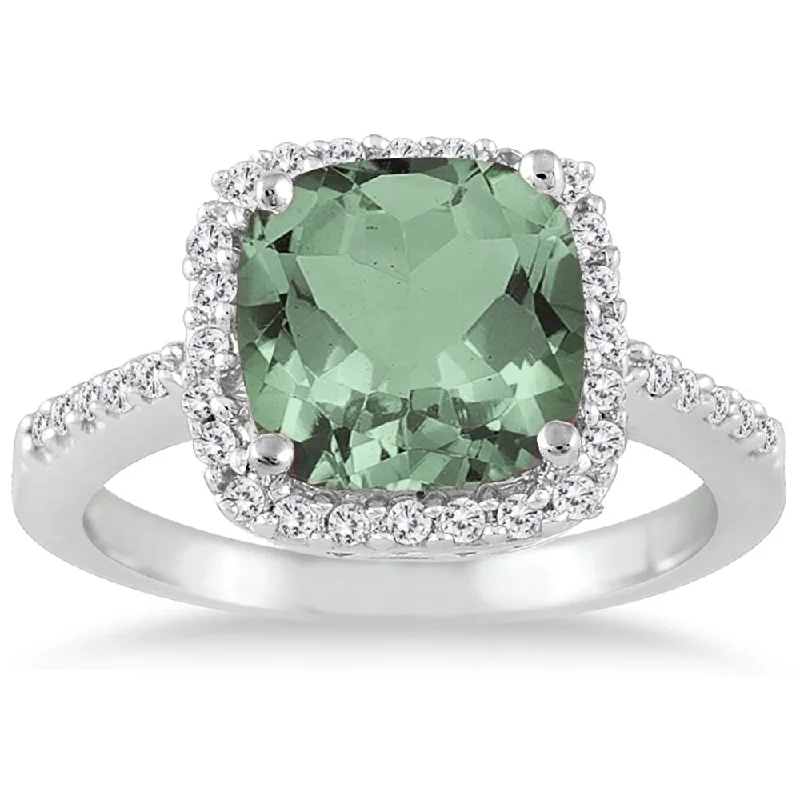 2 1/2 Carat Cushion Cut Green Amethyst and Diamond Ring 14K White Gold