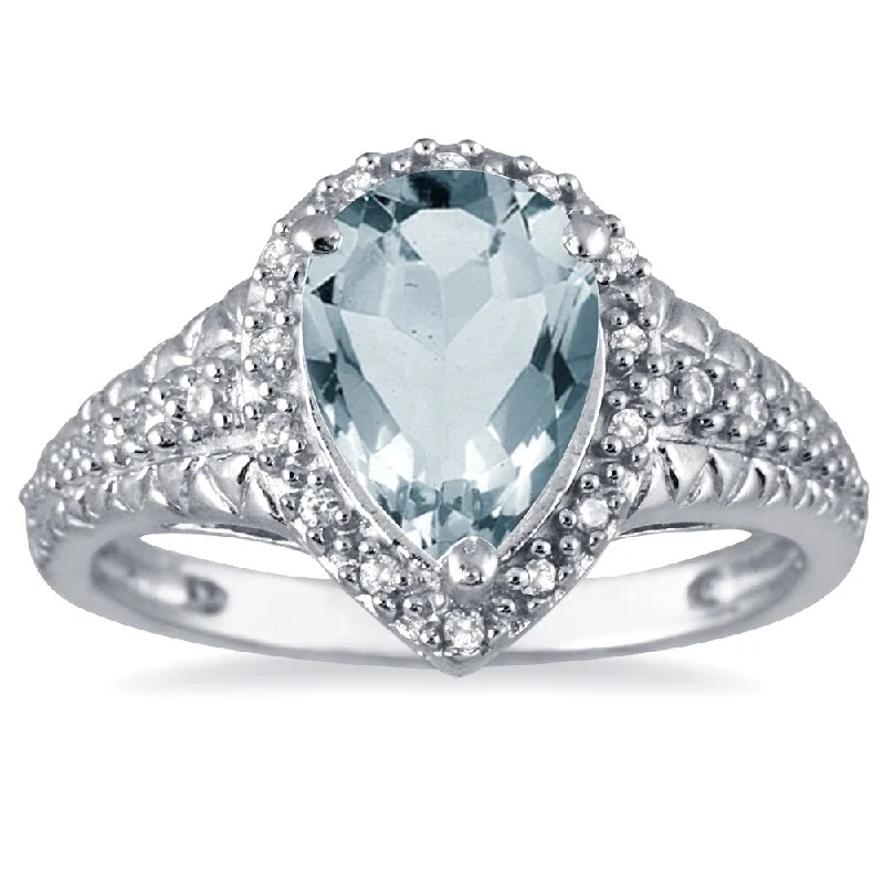 2 Carat Pear Shaped Aquamarine and Diamond Ring in 10K White Gold