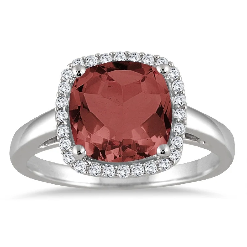 3 1/2 Carat Cushion Cut Garnet and Diamond Halo Ring in 10K White Gold