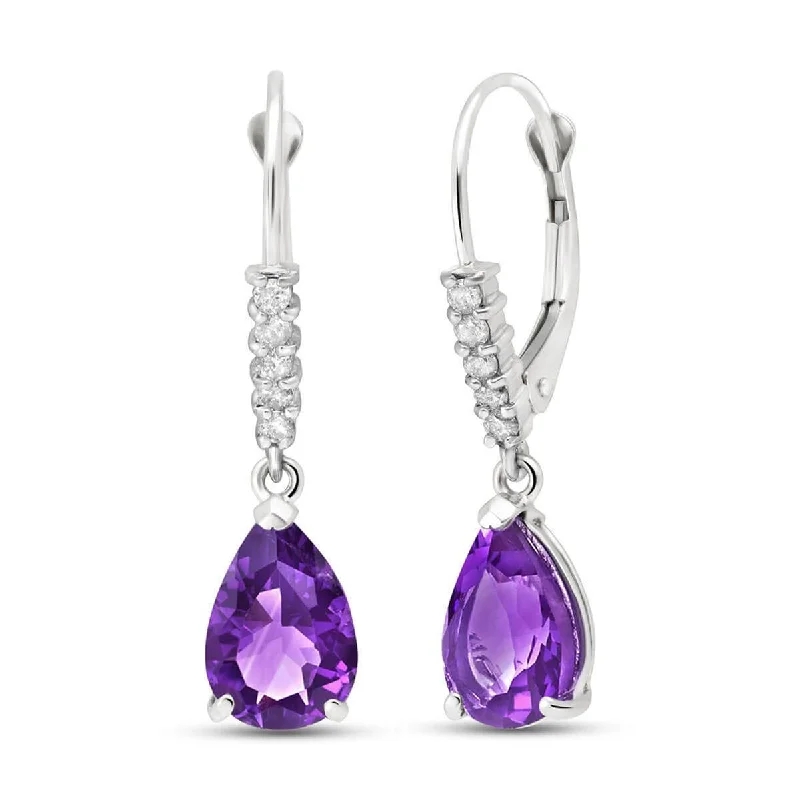 3.15 Carat 14K Solid White Gold Leverback Earrings Natural Diamond Amethyst