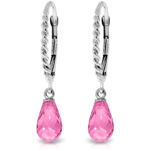 3 Carat 14K Solid White Gold Leverback Earrings Briolette Pink Topaz