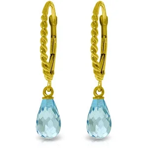 3 Carat 14K Solid Yellow Gold Leverback Earrings Briolette Blue Topaz