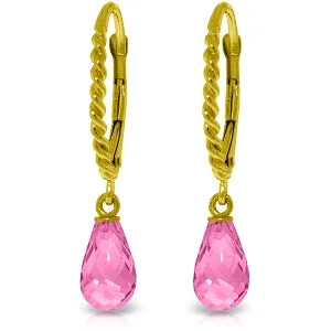 3 Carat 14K Solid Yellow Gold Leverback Earrings Briolette Pink Topaz