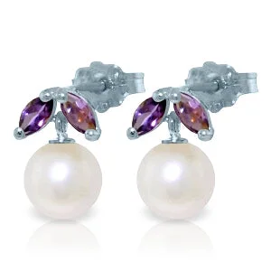 4.4 Carat 14K Solid White Gold Stud Earrings Pearl Amethyst