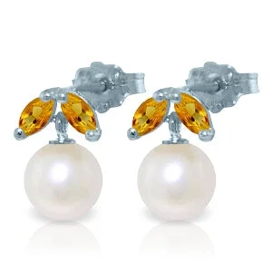 4.4 Carat 14K Solid White Gold Stud Earrings Pearl Citrine