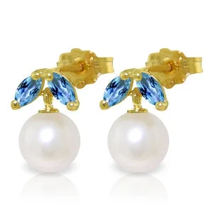 4.4 Carat 14K Solid Yellow Gold Stud Earrings Pearl Blue Topaz