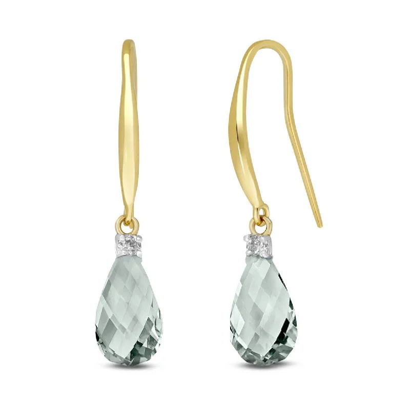 4.6 Carat 14K Solid Yellow Gold Fish Hook Earrings Diamond&green Amethyst