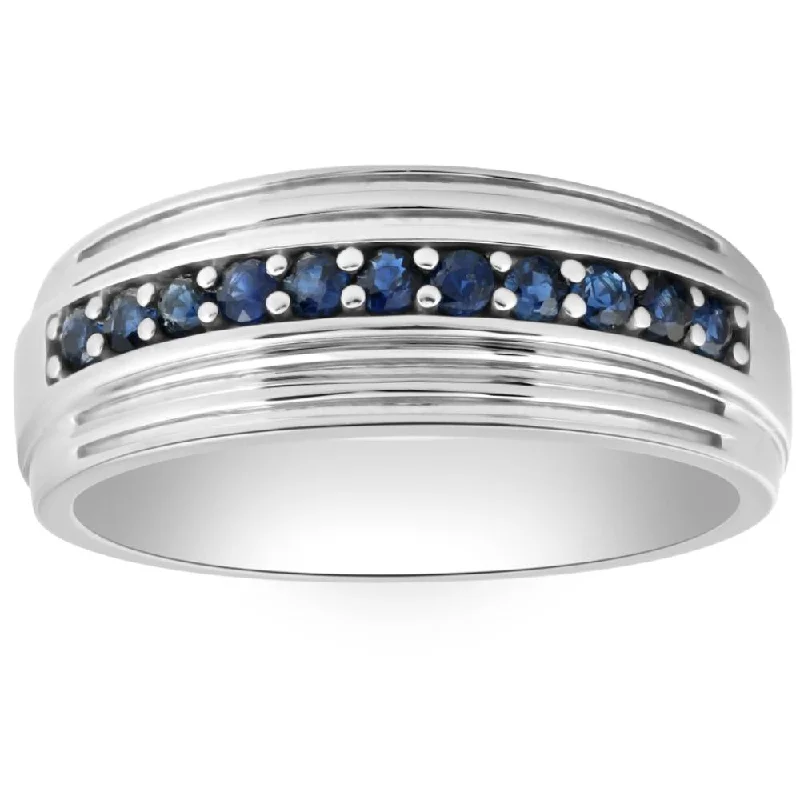 5/8Ct Blue Sapphire Band Men's Wedding Ring in White, Yellow, or Rose Gold