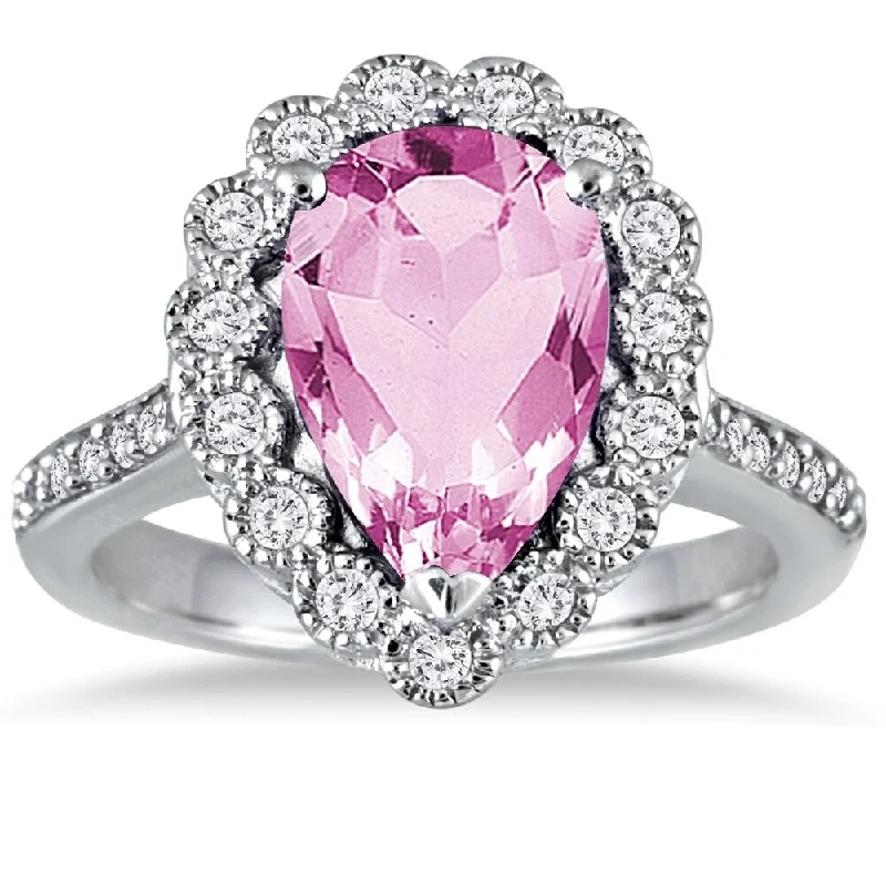 5 Carat Pear Shape Pink Topaz and Diamond Ring in 14K White Gold