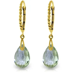 6 Carat 14K Solid Yellow Gold Leverback Earrings Briolette Green Amethyst