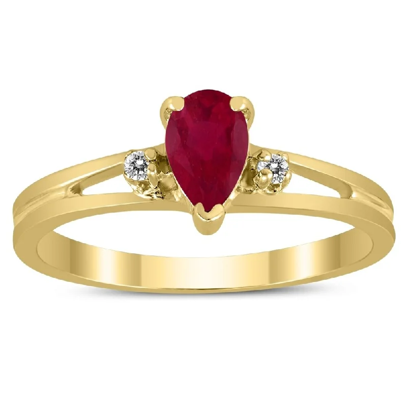 6X4MM Ruby and Diamond Pear Shaped Open Three Stone Ring in 10K Yellow Gold