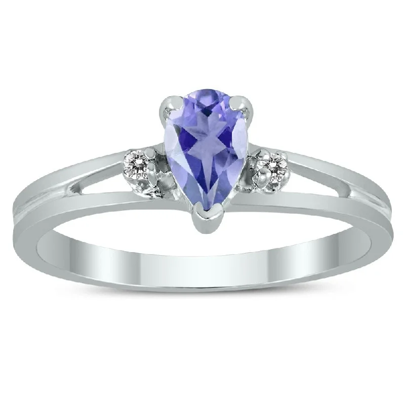 6X4MM Tanzanite and Diamond Pear Shaped Open Three Stone Ring in 10K White Gold