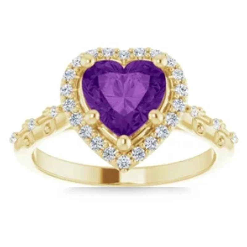 7mm Amethyst Halo Diamond Heart Shape Accent Ring in 14k White or Yellow Gold