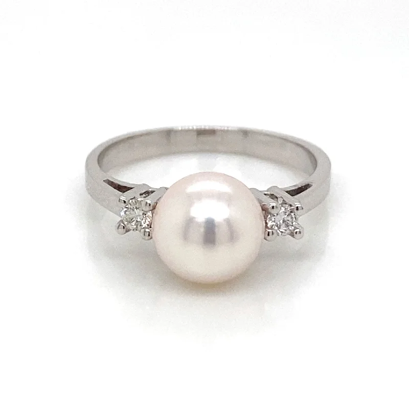 8mm Cultured Pearl & Diamond 14K White Gold Ring