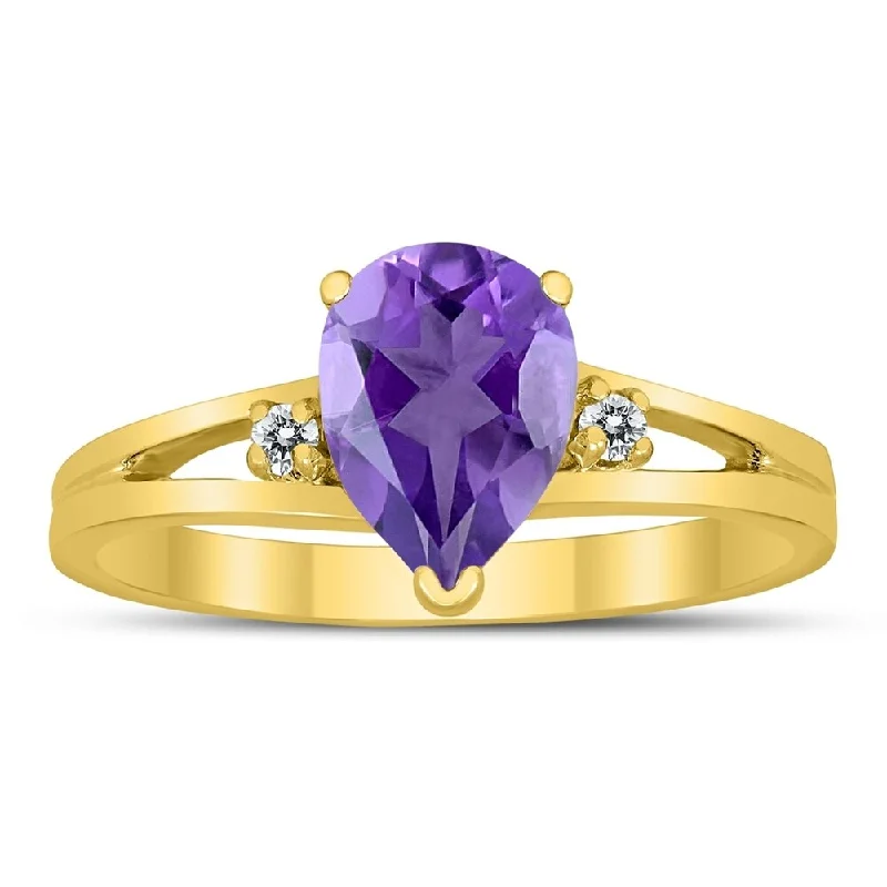 8X6MM Amethyst and Diamond Pear Shaped Open Three Stone Ring in 10K Yellow Gold