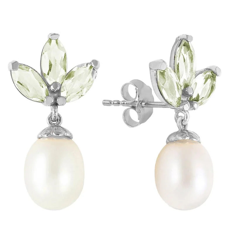 9.5 Carat 14K Solid White Gold Dangling Earrings Pearl Green Amethyst