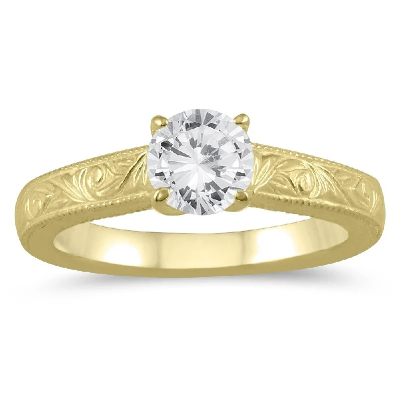 AGS Certified 3/4 Carat Engraved Diamond Solitaire Ring in 14K Yellow Gold (H-I Color, I1-I2 Clarity)