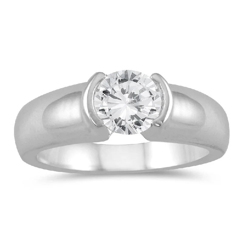 AGS Certified 3/4 Carat Half Bezel Diamond Solitaire Ring in 14K White Gold (H-I Color, I1-I2 Clarity)