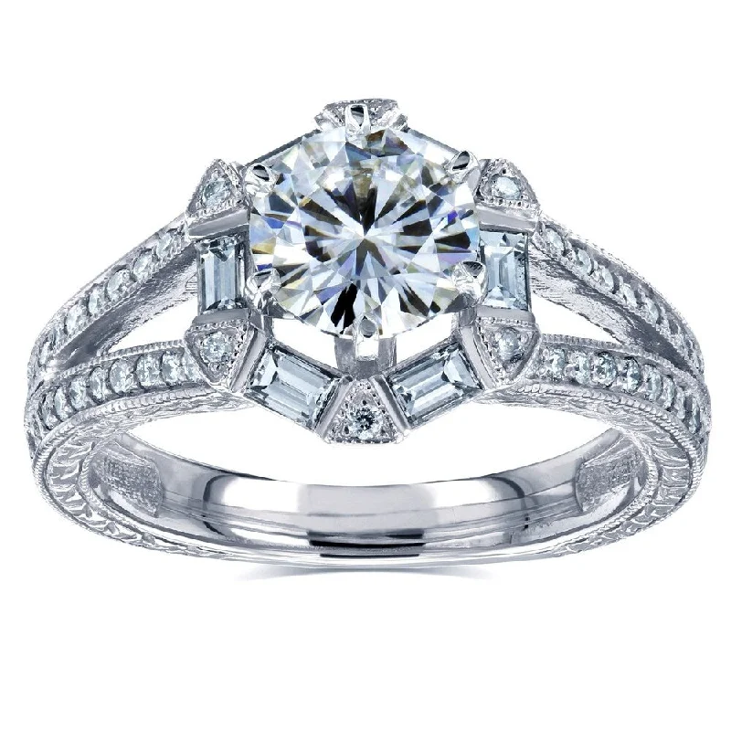 Annello by Kobelli 14k White Gold 1 1/2ct TGW Round-cut Moissanite and Diamond Art Deco Split Shank Engagement Ring