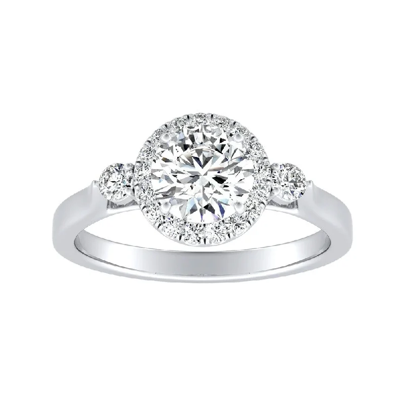 Auriya 3-Stone 1/2ct Round Moissanite and 1/4ct TDW Diamond Halo Engagement Ring 14K Gold (G-H, VS1-VS2)