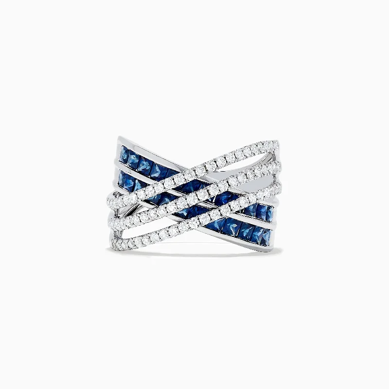 14K White Gold Blue Sapphire and Diamond Crossover Ring