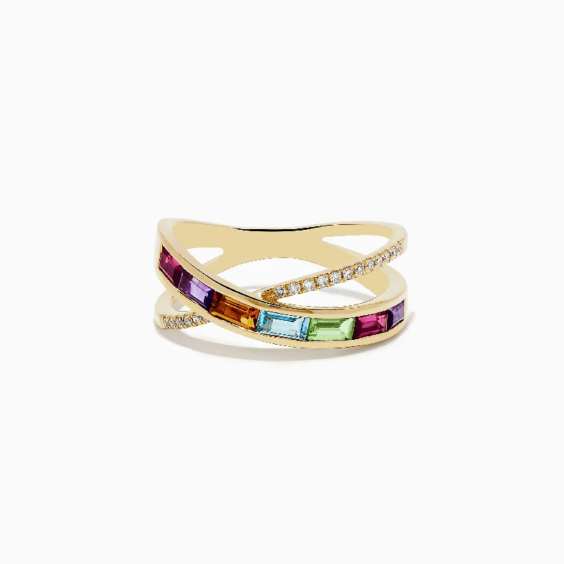 Mosaic 14K Yellow Gold Multi Stone and Diamond Crossover Ring