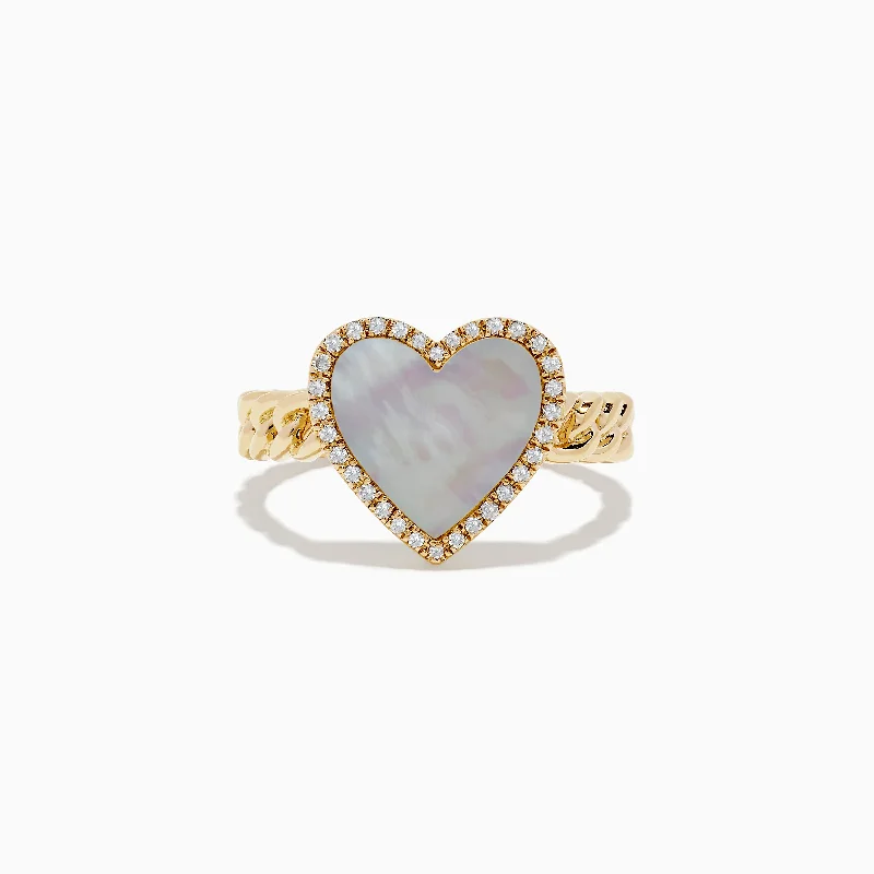 Novelty 14K Yellow Gold Mother of Pearl and Diamond Heart Ring