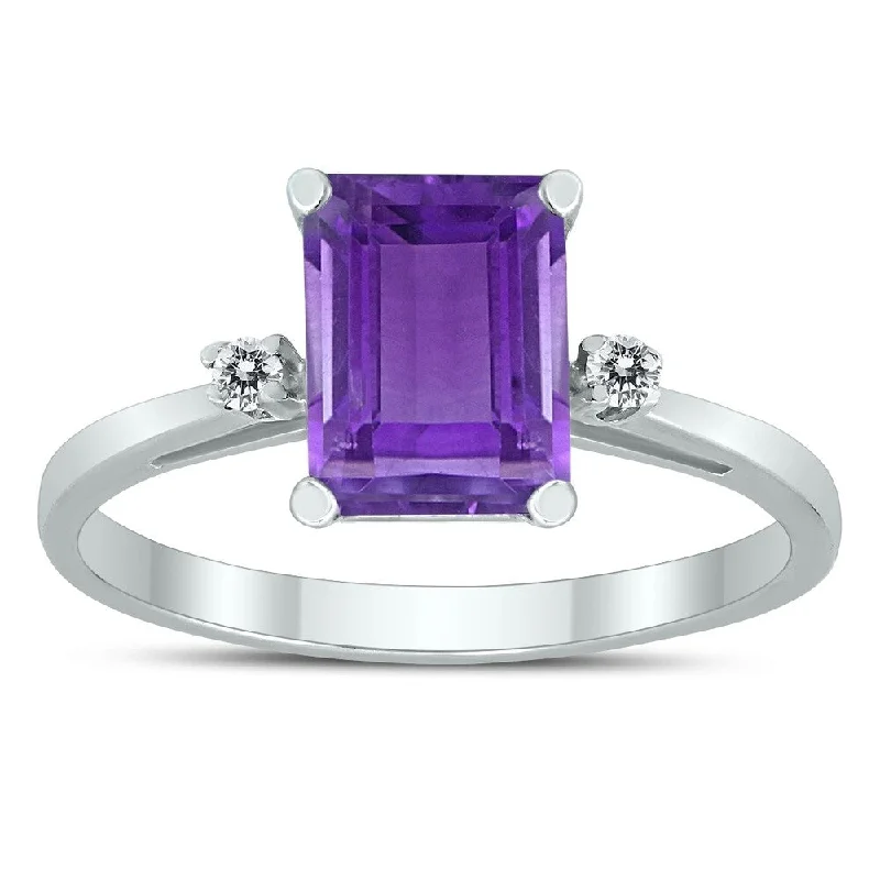 Emerald Cut 8X6MM Amethyst and Diamond Three Stone Ring in 10K White Gold