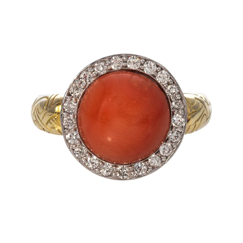 Estate Coral & Diamond Halo 18K Gold Two Tone Ring