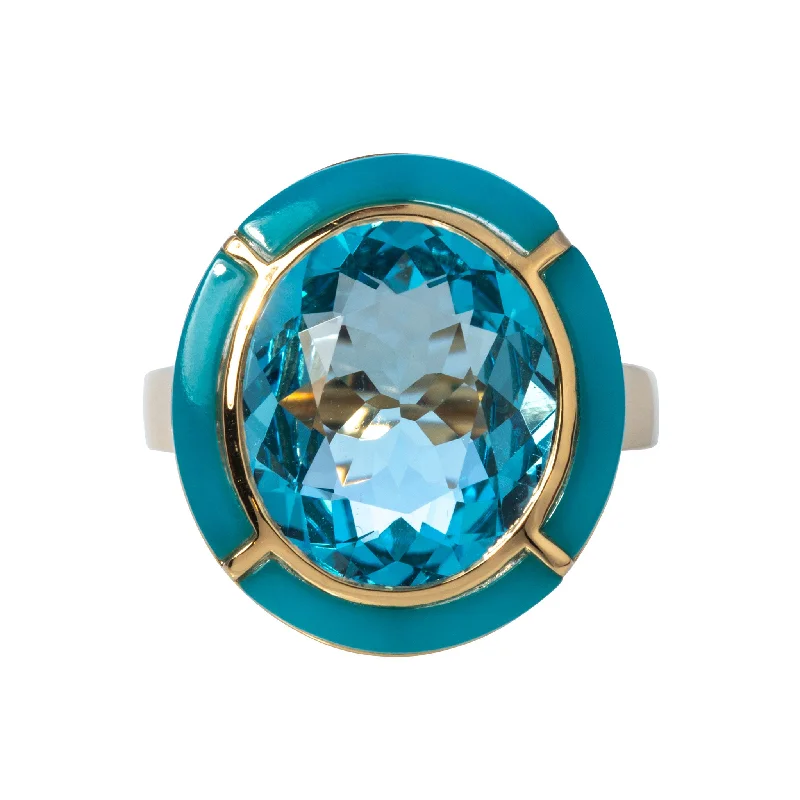 Goshwara Oval Blue Topaz & Turquoise Inlay 18K Gold Ring